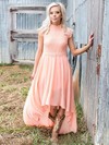 Lace Chiffon A-line High Neck Asymmetrical Bridesmaid Dresses #DOB01013982