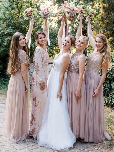 Tulle Glitter A-line Scoop Neck Floor-length Bridesmaid Dresses #DOB01013992