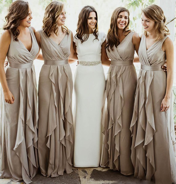 Chiffon A-line V-neck Floor-length Cascading Ruffles Bridesmaid Dresses #DOB01013996