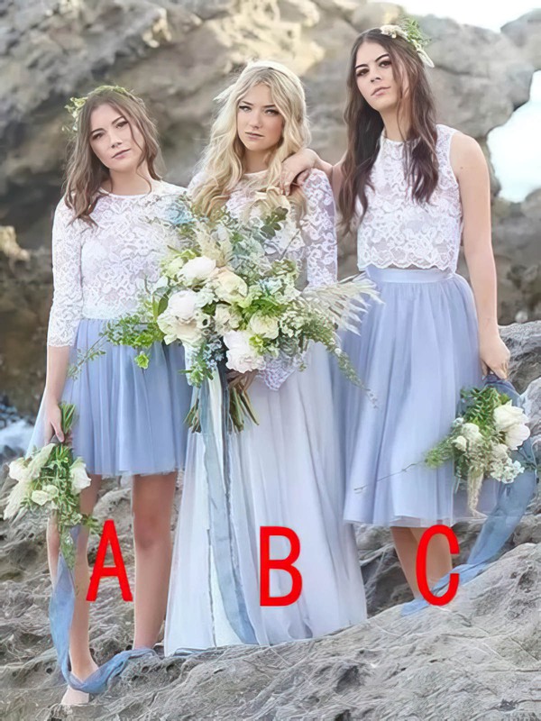 Lace Chiffon A-line Scoop Neck Sweep Train Bridesmaid Dresses #DOB01013998