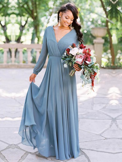 Chiffon A-line V-neck Floor-length Bridesmaid Dresses #DOB01014004