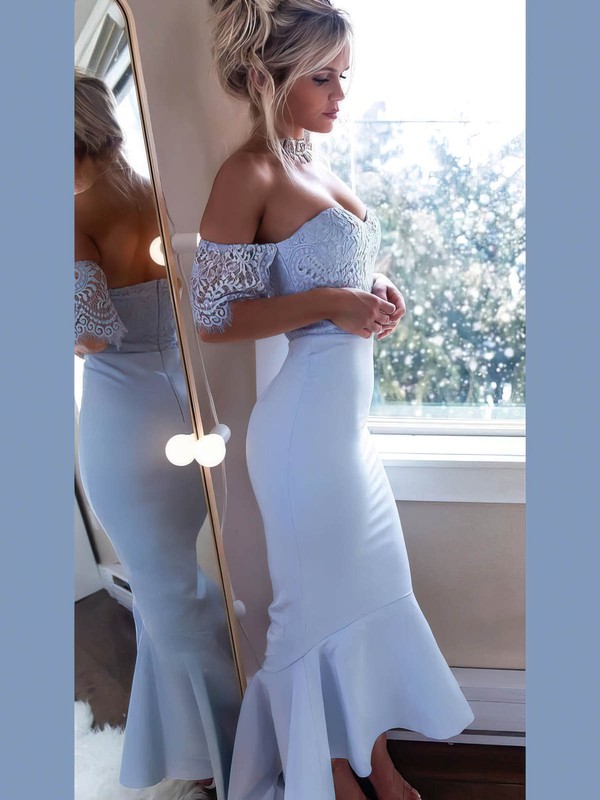 Satin Trumpet/Mermaid Off-the-shoulder Ankle-length Appliques Lace Bridesmaid Dresses #DOB01014010