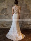 Scoop Sheath/Column Sweep Train Lace Satin Draped Wedding Dresses #DOB00020558