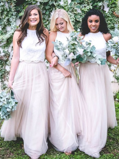 Lace Tulle A-line Scoop Neck Sweep Train Bridesmaid Dresses #DOB01014040