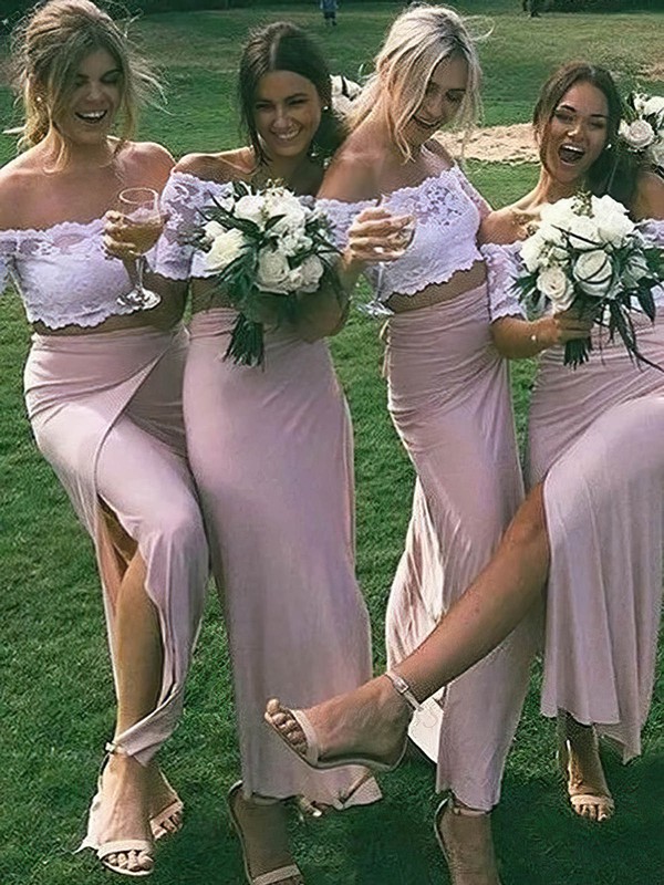 Lace Silk-like Satin Trumpet/Mermaid Off-the-shoulder Ankle-length Split Front Bridesmaid Dresses #DOB01014041