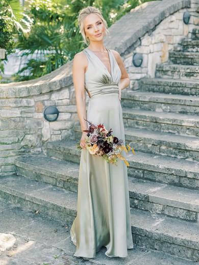 Silk-like Satin A-line V-neck Floor-length Bridesmaid Dresses #DOB01014075