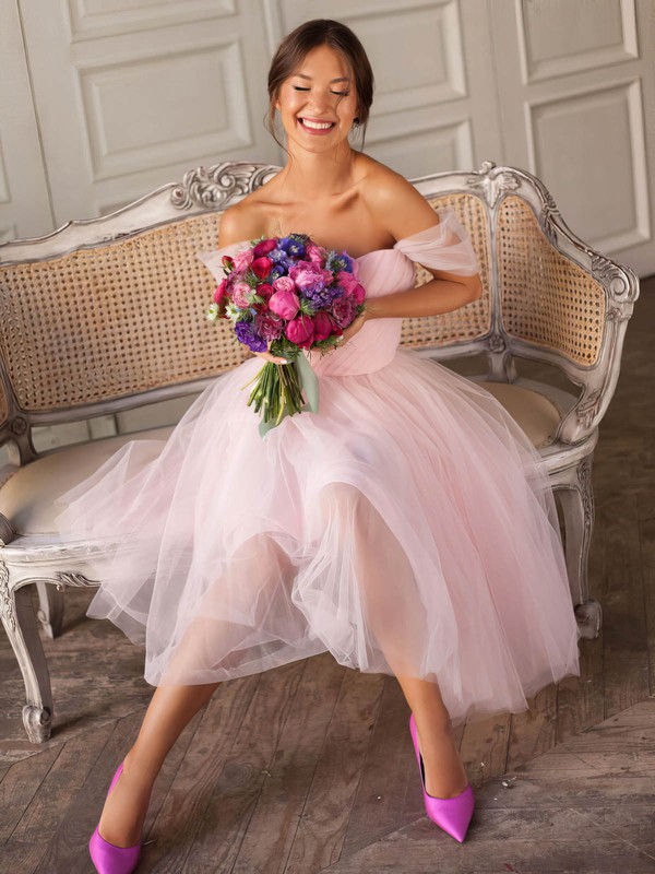 Tulle A-line Off-the-shoulder Tea-length Bridesmaid Dresses #DOB01014076