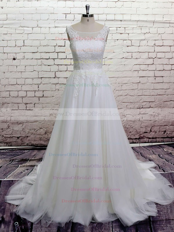Bateau A-line Court Train Tulle Satin Lace Wedding Dresses #DOB00020564