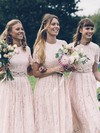 Lace A-line Scoop Neck Sweep Train Bridesmaid Dresses #DOB01014085