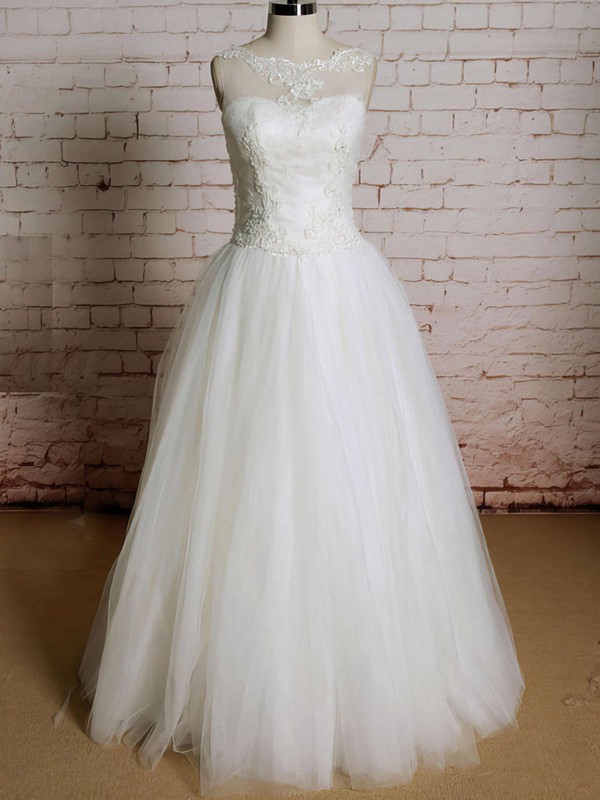 Bateau Ball Gown Floor-length Tulle Satin Lace Wedding Dresses #DOB00020565