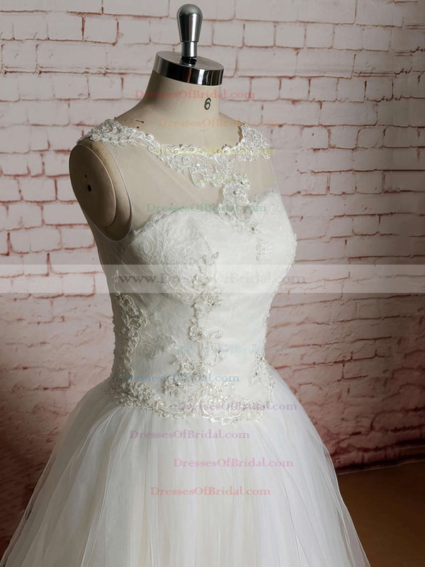 Bateau Ball Gown Floor-length Tulle Satin Lace Wedding Dresses #DOB00020565