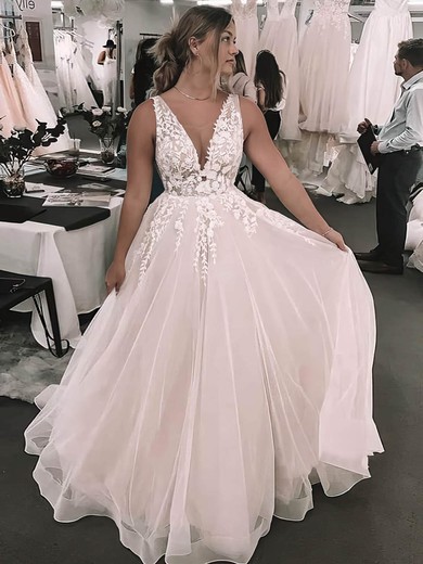 Tulle A-line V-neck Court Train Appliques Lace Wedding Dresses #DOB00023970
