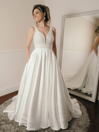 Silk-like Satin Glitter A-line V-neck Sweep Train Pockets Wedding Dresses #DOB00023979
