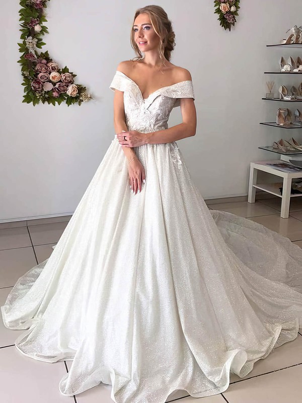 Glitter A-line Off-the-shoulder Court Train Appliques Lace Wedding Dresses #DOB00023980