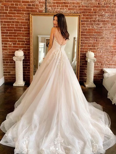 Tulle A-line V-neck Court Train Appliques Lace Wedding Dresses #DOB00023982