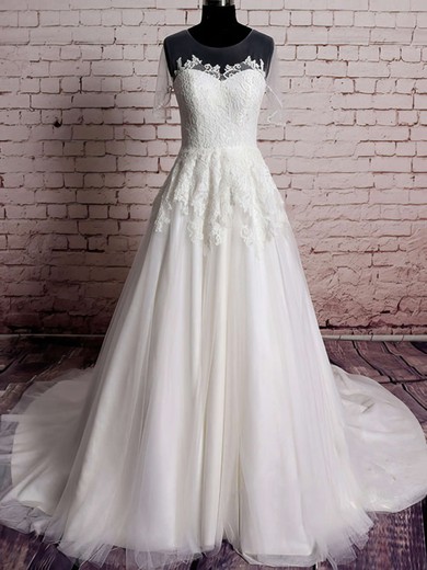 Scoop A-line Sweep Train Tulle Satin Lace Wedding Dresses #DOB00020569