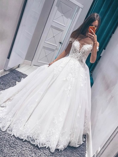 Tulle Ball Gown Off-the-shoulder Sweep Train Beading Wedding Dresses #DOB00023984