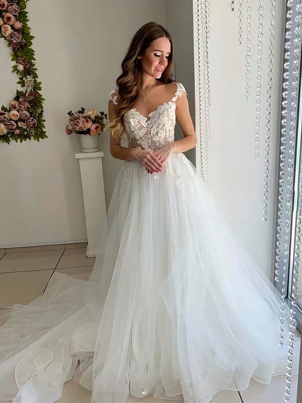 Tulle A-line Scoop Neck Sweep Train Appliques Lace Wedding Dresses #DOB00023985