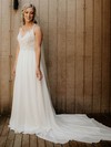 Chiffon A-line V-neck Sweep Train Appliques Lace Wedding Dresses #DOB00023990