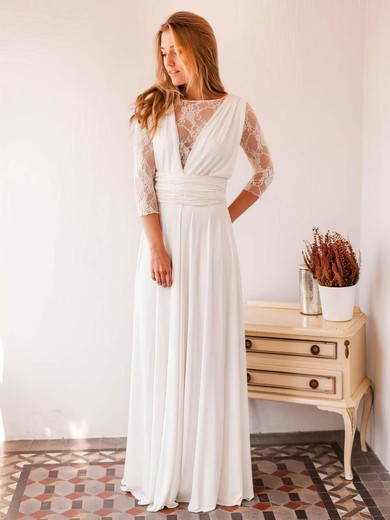 Lace Chiffon A-line Scoop Neck Floor-length Wedding Dresses #DOB00023999