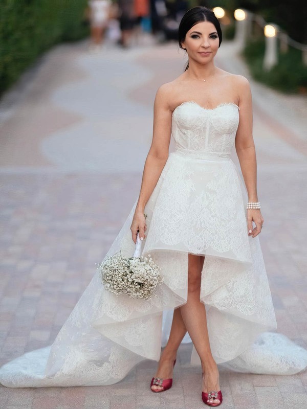 Lace A-line Strapless Asymmetrical Wedding Dresses #DOB00024018