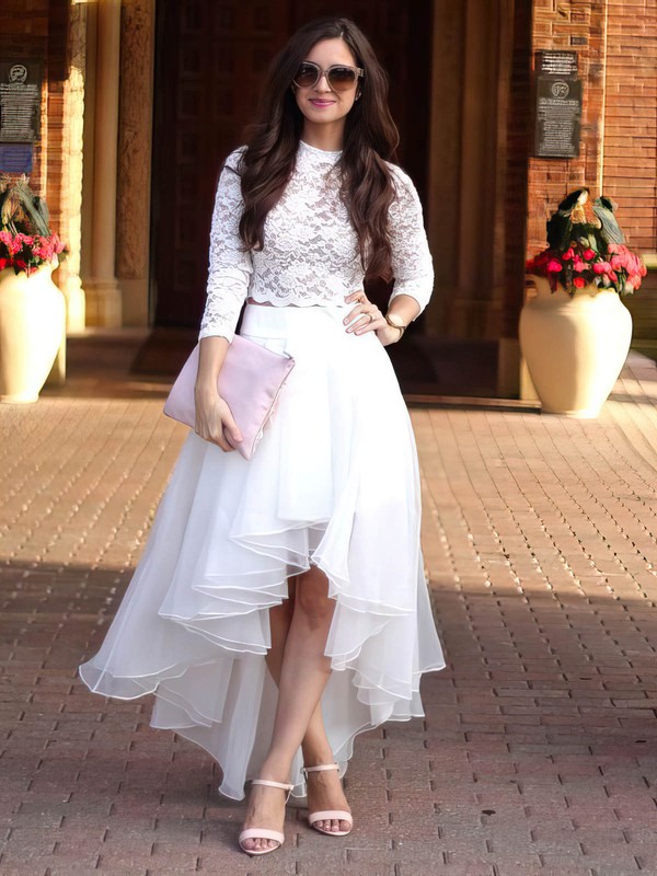 Lace Tulle A-line Scoop Neck Asymmetrical Wedding Dresses #DOB00024020