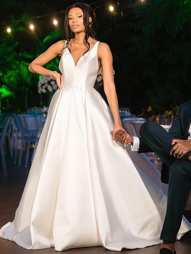 Satin A-line V-neck Court Train Appliques Lace Wedding Dresses #DOB00024021