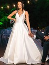 Satin A-line V-neck Court Train Appliques Lace Wedding Dresses #DOB00024021