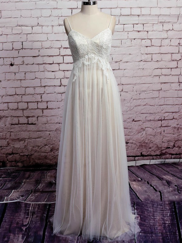 Spaghetti Straps Empire Floor-length Tulle Satin Lace Wedding Dresses #DOB00020573