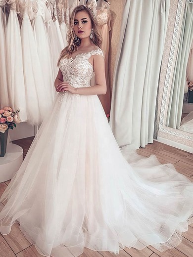 Tulle A-line Scoop Neck Court Train Appliques Lace Wedding Dresses #DOB00024024