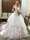 Tulle A-line V-neck Sweep Train Appliques Lace Wedding Dresses #DOB00024025