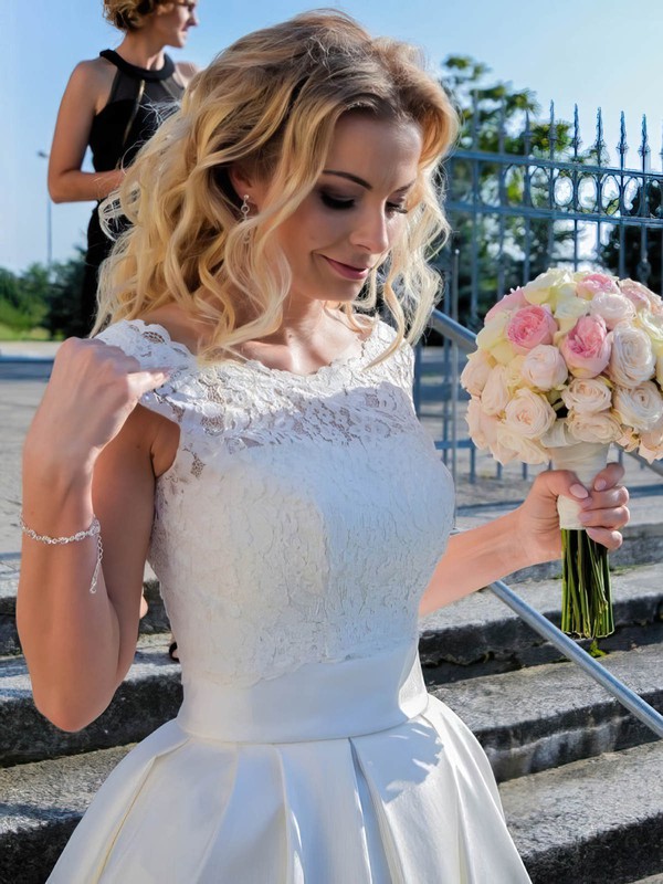 Satin Lace A-line Scalloped Neck Floor-length Wedding Dresses #DOB00024029