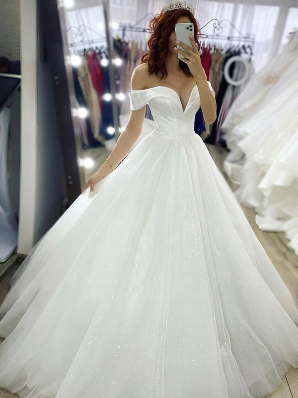 Satin Glitter Ball Gown Off-the-shoulder Court Train Wedding Dresses #DOB00024033