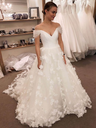 Tulle Ball Gown Off-the-shoulder Sweep Train Beading Wedding Dresses #DOB00024036