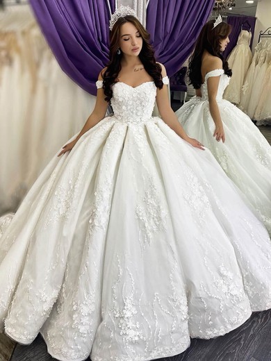 Tulle Princess Off-the-shoulder Watteau Train Appliques Lace Wedding Dresses #DOB00024038