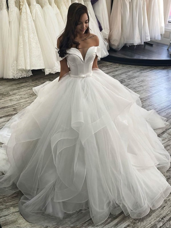 Satin Tulle Ball Gown Off-the-shoulder Court Train Sashes / Ribbons Wedding Dresses #DOB00024040