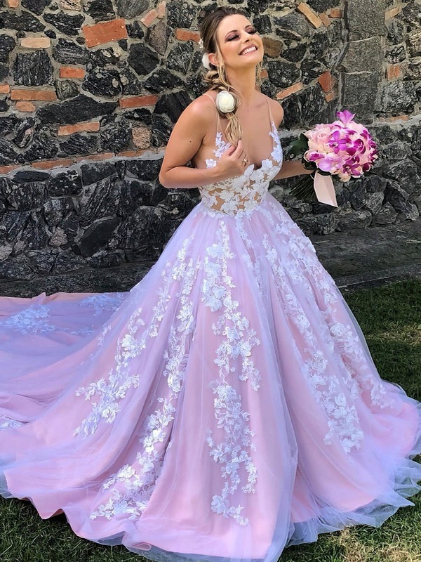 Tulle A-line V-neck Court Train Appliques Lace Wedding Dresses #DOB00024043
