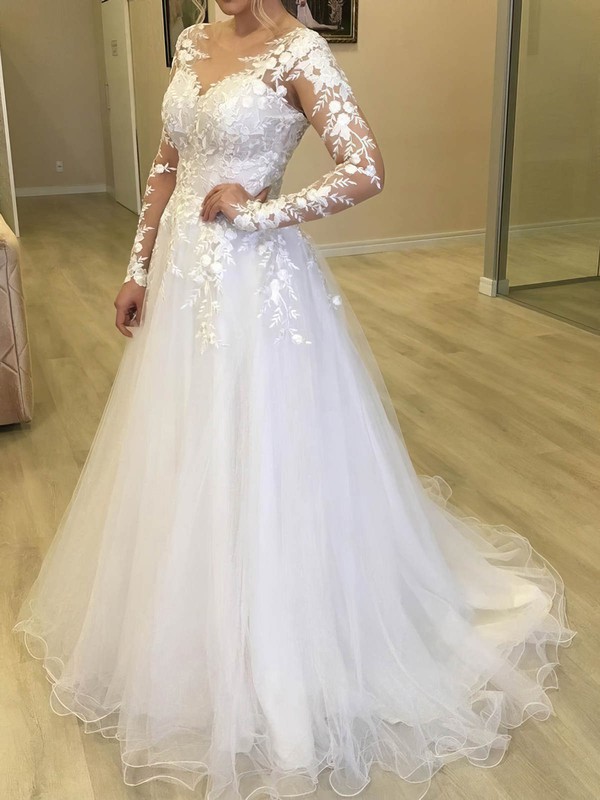 Tulle A-line Scoop Neck Sweep Train Appliques Lace Wedding Dresses #DOB00024044