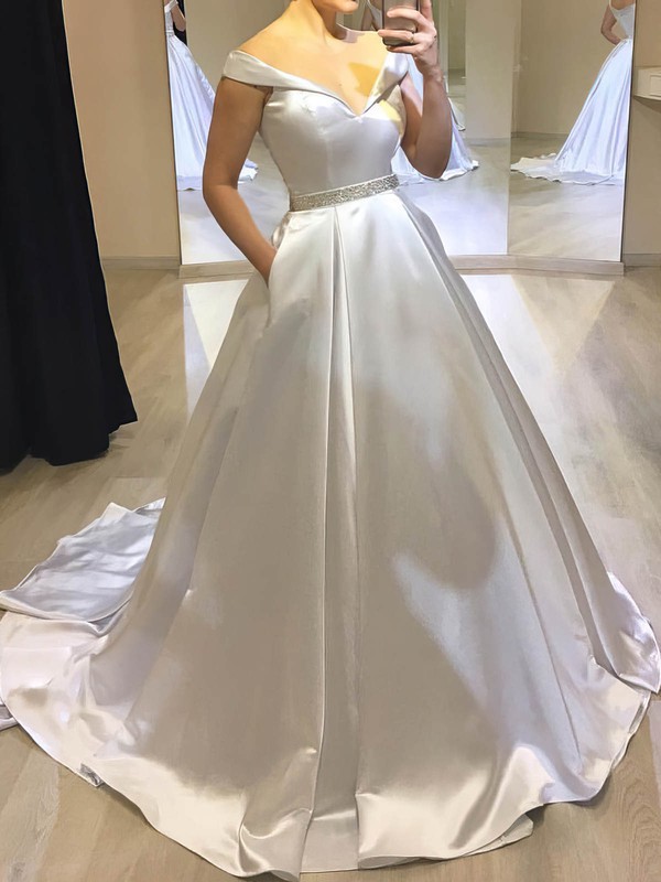 Satin Ball Gown Off-the-shoulder Sweep Train Beading Wedding Dresses #DOB00024047