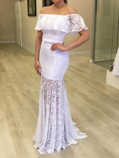 Lace Trumpet/Mermaid Off-the-shoulder Sweep Train Sashes / Ribbons Wedding Dresses #DOB00024049