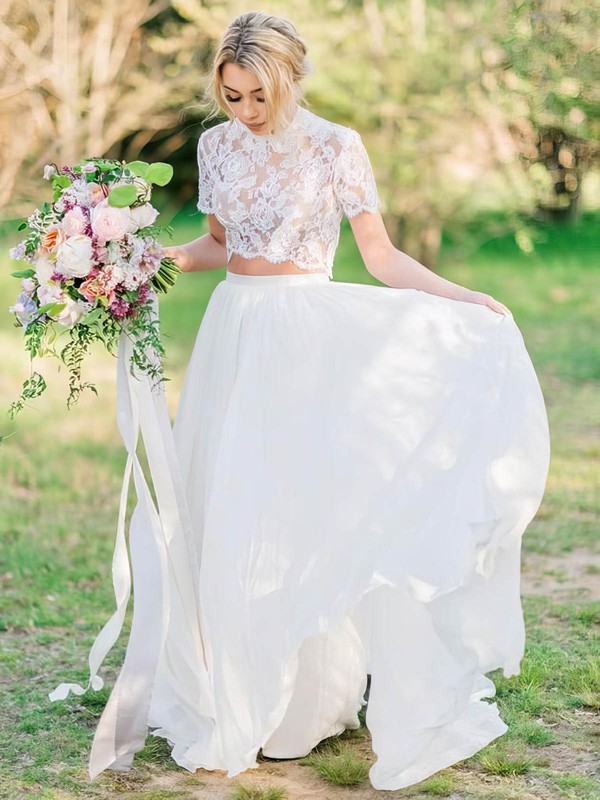 Lace Silk-like Satin A-line Scoop Neck Sweep Train Wedding Dresses #DOB00024051
