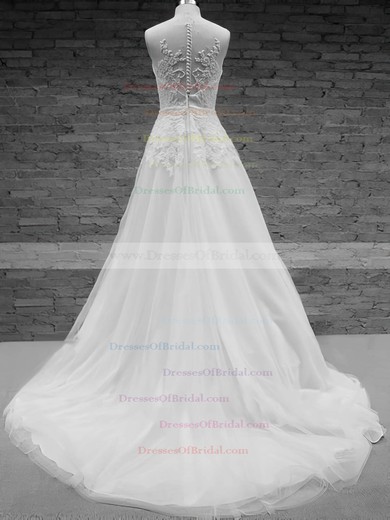 Scoop A-line Court Train Tulle Satin Appliques Wedding Dresses #DOB00020576
