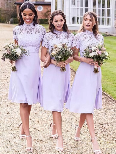 Chiffon A-line High Neck Knee-length Appliques Lace Bridesmaid Dresses #DOB01014181