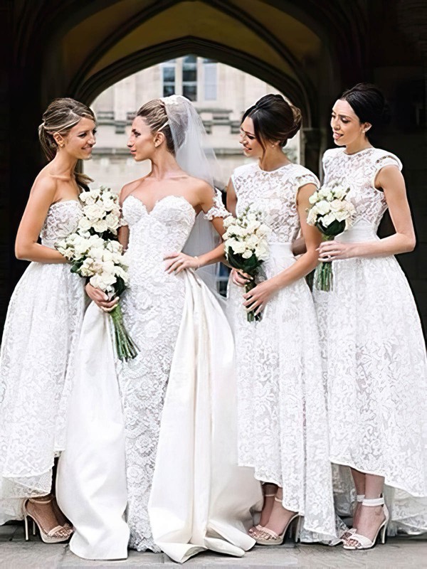Lace A-line Scoop Neck Asymmetrical Bridesmaid Dresses #DOB01014182