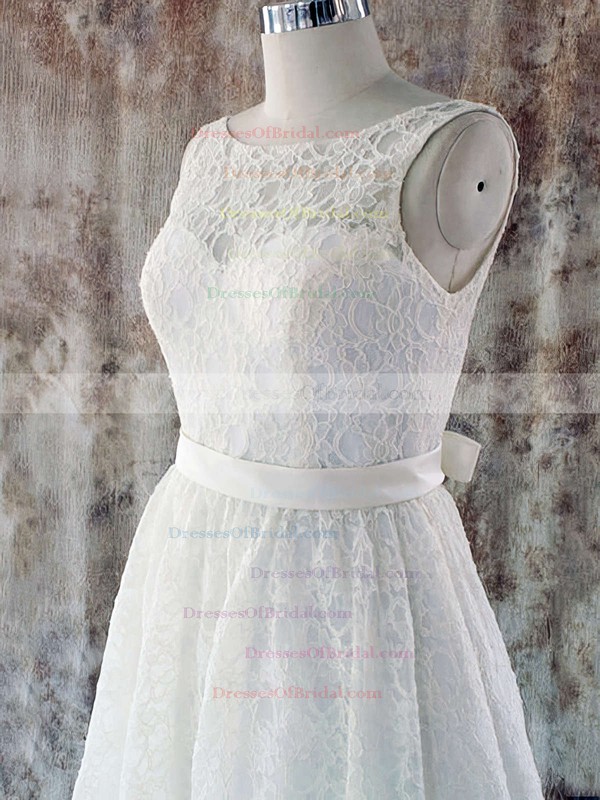 Bateau A-line Knee-length Lace Satin Sashes/Ribbons Wedding Dresses #DOB00020580