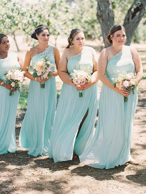 Chiffon A-line One Shoulder Floor-length Appliques Lace Bridesmaid Dresses #DOB01014196