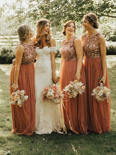 Tulle Glitter A-line Scoop Neck Floor-length Bridesmaid Dresses #DOB01014197