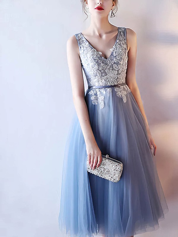 Tulle A-line V-neck Tea-length Appliques Lace Bridesmaid Dresses #DOB01014214