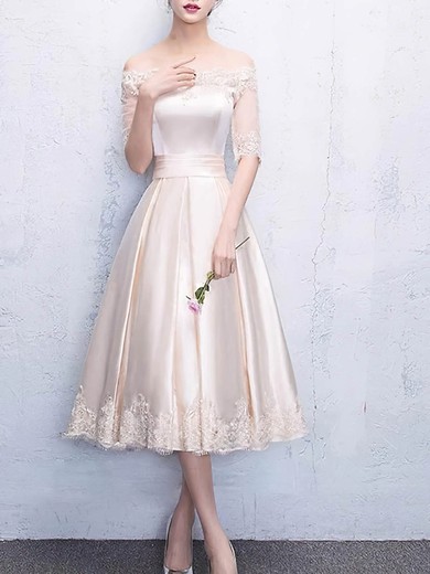 Silk-like Satin A-line Off-the-shoulder Tea-length Appliques Lace Bridesmaid Dresses #DOB01014221