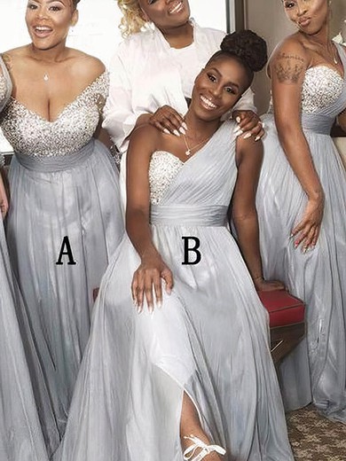 Tulle A-line One Shoulder Sweep Train Split Front Bridesmaid Dresses #DOB01014229